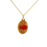 Collier doré médaille rayons de soleil et onyx rouge 42 cm