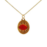 Collier doré médaille rayons de soleil et onyx rouge 42 cm