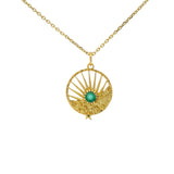 Collier doré médaille rayons soleil onyx verte 42 cm
