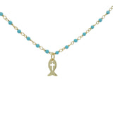 Collier rosary turquoise poisson et croix 38 cm