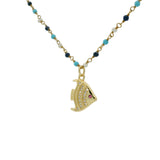 Sautoir doré rosary turquoise perles lapis et poisson 80 cm