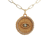 Collier doré médaille avec zircons et oeil en prehnite 42 cm