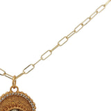 Collier doré médaille avec zircons et oeil en prehnite 42 cm