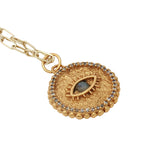 Collier doré médaille avec zircons et oeil en prehnite 42 cm