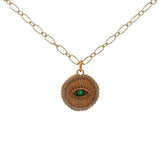 Collier doré médaille texturée oeil onyx verte 42 cm