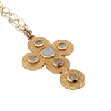 Collier doré croix martelée angles arrondis avec pierre de lune 75 cm