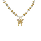 Collier doré pierre de lune couronnes dorées et papillon zircons blancs 44 cm
