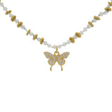 Collier doré pierre de lune couronnes dorées et papillon zircons blancs 44 cm
