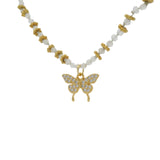 Collier doré pierre de lune couronnes dorées et papillon zircons blancs 44 cm