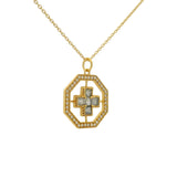 Collier doré pendentif octogonal croix carrée labradorite et zircons blancs 42cm