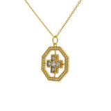 Collier doré pendentif octogonal croix carrée labradorite et zircons blancs 42cm