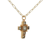Collier doré croix avec prehnite taillée en carrés 50 cm