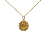 Gold necklace with eye stone and zircon medal