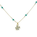 Collier doré, onyx vert, préhnite et pendentif trèfle 42cm