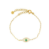 Bracelet doré maille rectangle avec oeil en onyx verte et zircons blancs