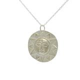 Collier argent médaille mate soleil visage et feuilles 42 cm
