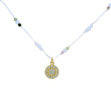 Collier doré fil blanc pierre de lune facettées et médaillon soleil zircons sertis 38cm