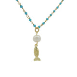 Collier rosary doré turquoise et perle de culture poisson 70cm