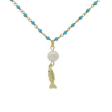 Collier rosary doré turquoise et perle de culture poisson 70cm