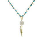 Collier rosary doré turquoise et perle de culture poisson 70cm