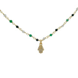 Collier doré rosary pierre de lune onyx verte et noire main de fatma 38 cm