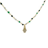 Collier doré rosary pierre de lune onyx verte et noire main de fatma 38 cm