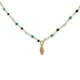 Collier doré rosary pierre de lune onyx verte et noire main de fatma 38 cm