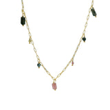 Golden necklace with rectangular mesh and stone tassels