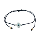 Bracelet sur fil fin bleu marine croix avec oeil en nacre