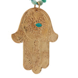 Collier doré main de Fatma gravée avec turquoise et perles vertes 75 cm