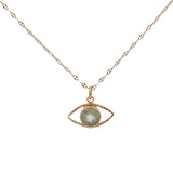 Collier doré oeil martelée et prehnite facettée 38 cm