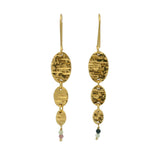 Boucles d'oreilles pendantes dorées 3 disques ovales martelés avec Tourmaline