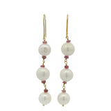 Boucles d'oreilles dorées trio de perles de culture et Tourmaline rose