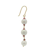 Boucles d'oreilles dorées trio de perles de culture et Tourmaline rose