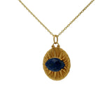Collier doré médaille rayons de soleil et lapis facettée 42 cm