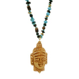 Collier perles bois et pierres et bouddha 60cm