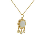 Collier doré pendentif pierre de lune ronde et pampilles zircons blancs 42 cm