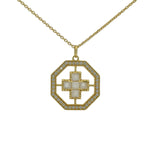 Collier doré médaille octogonale croix pierre de lune et zircons blancs 42 cm