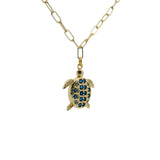Collier doré tortue orné de zircons bleus et blancs 50cm