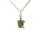 Collier doré tortue orné de zircons bleus et blancs 50cm