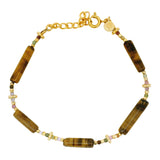 Bracelet doré oeil de tigre en tubes avec tourmaline et couronnes dorées