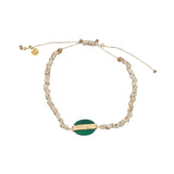 Bracelet cordon doré onyx verte ovale avec barre dorée