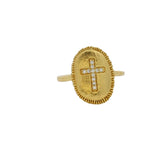 Chevalière dorée texturée et croix zircons