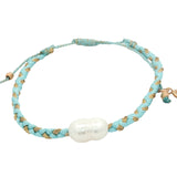 Bracelet cordon turquoise et doré avec perle de culture