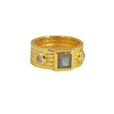 Bague dorée large et pierres - 52 / LABRADORITE & PIERRE DE