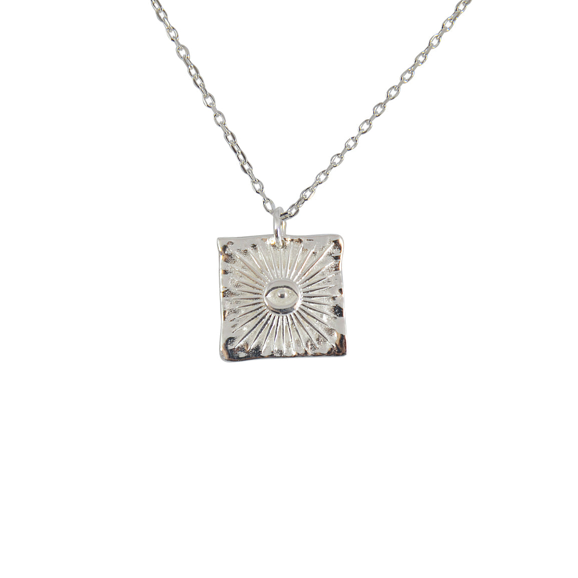 Collier argent 925 plaque carrée martelée soleil oeil