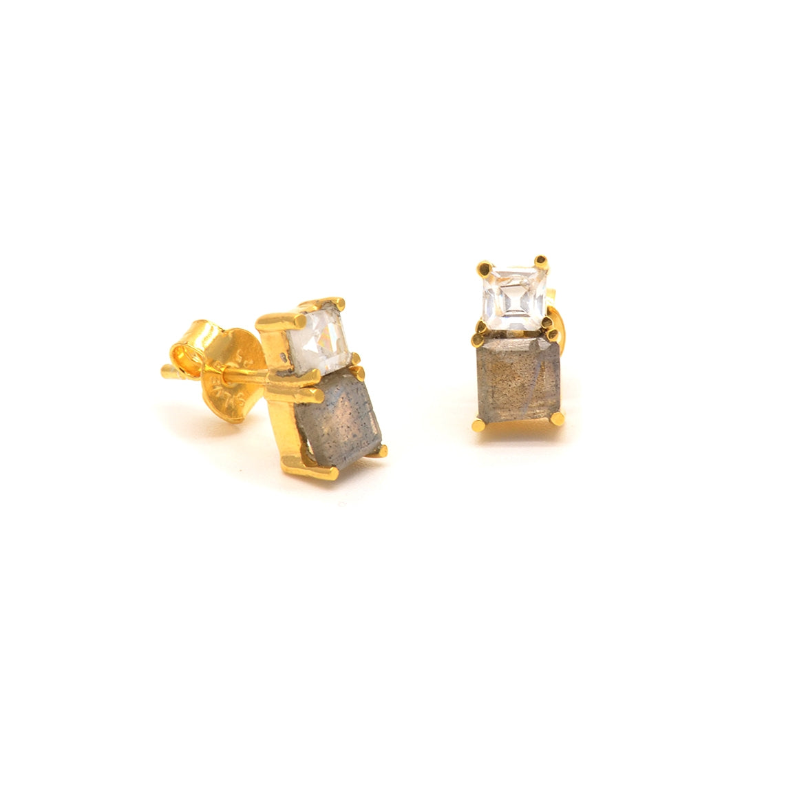 Boucles d’oreilles dorées labradorite et zircon - Boucles