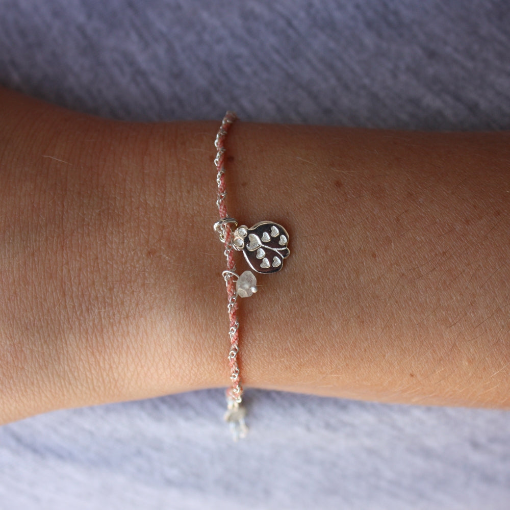 Bracelet cordon rose - Pendentif coccinelle et zircon