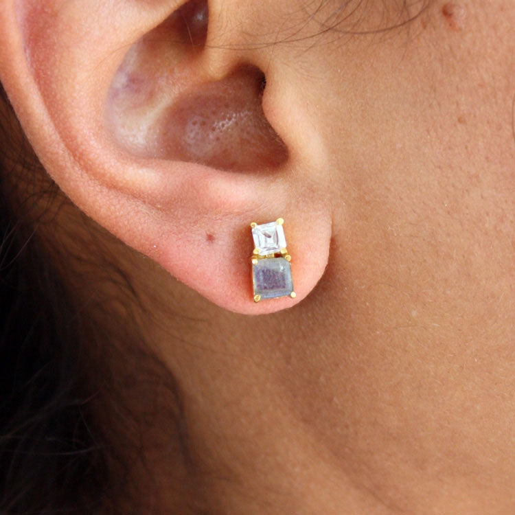 Boucles d’oreilles dorées labradorite et zircon - Boucles
