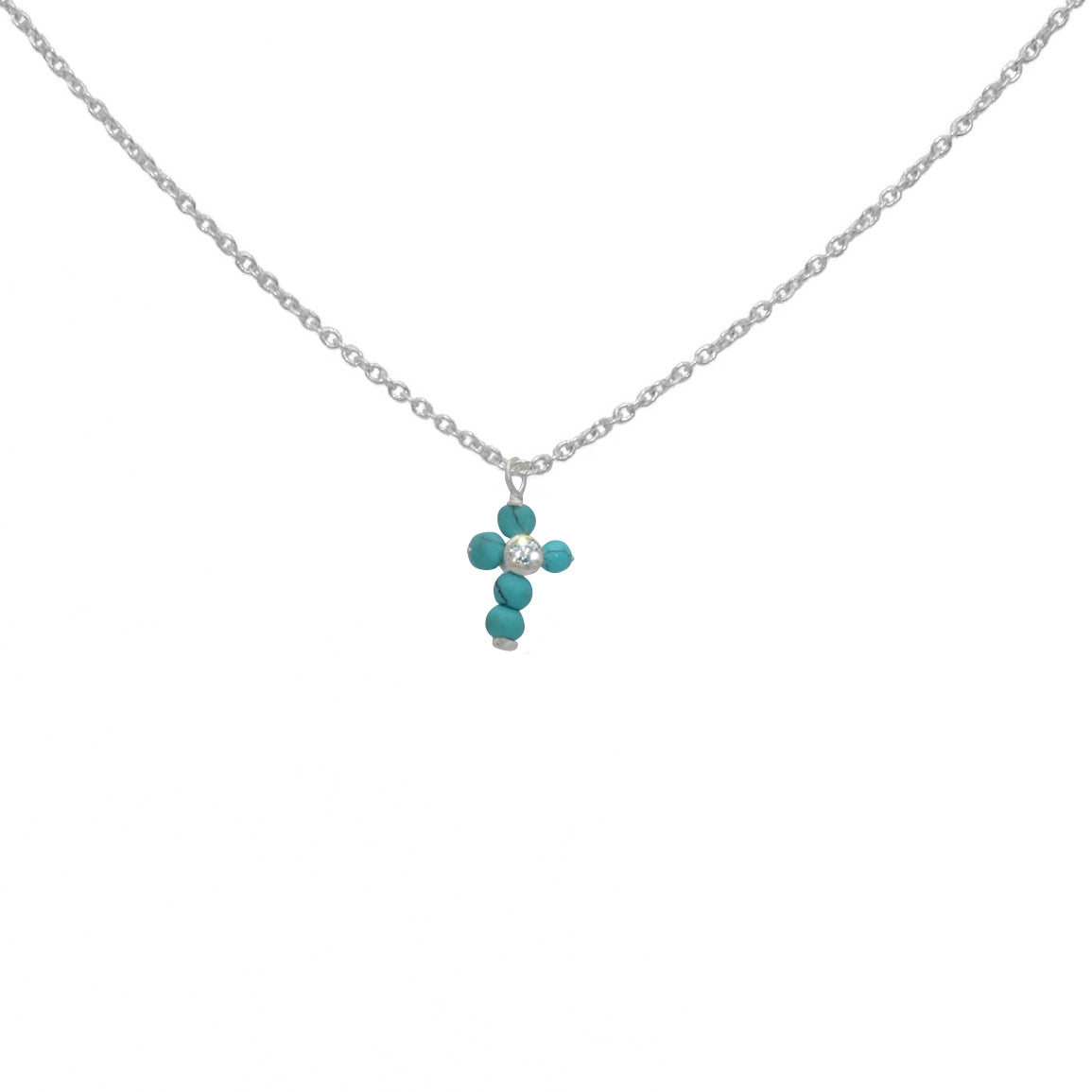 Collier argent 925 pendentif croix turquoise et zircon